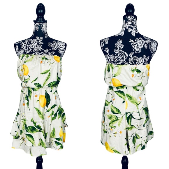 NWT Express strapless white & lemon print chiffon romper size large - Picture 1 of 14